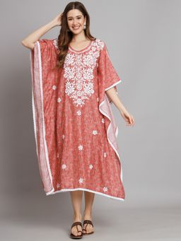 PARAMOUNT CHIKAN - Hand Embroidered Cotton Peach Lucknowi Chikankari Kaftan