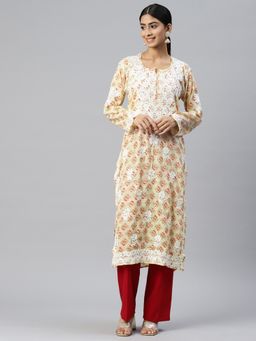 PARAMOUNT CHIKAN - Hand Embroidered Cotton Beige Lucknowi Chikankari Kurta