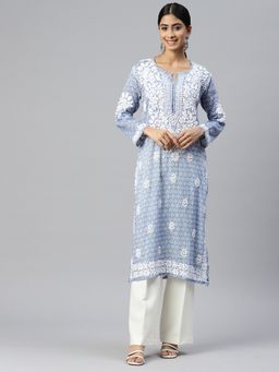 PARAMOUNT CHIKAN - Hand Embroidered Cotton Blue Lucknowi Chikankari Kurta