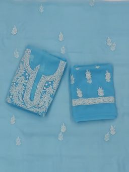 PARAMOUNT CHIKAN - Hand Embroidered Georgette Turquoise Dress Material Lucknowi (Set of 3)