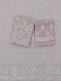 PARAMOUNT CHIKAN - Hand Embroidered Georgette Pink Chikankari Dress Material (Set of 3)