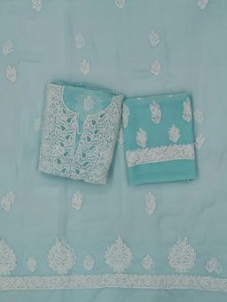 PARAMOUNT CHIKAN - Hand Embroidered Georgette Turquoise Chikankari Dress Material (Set of 3)