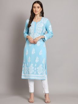 PARAMOUNT CHIKAN - Hand Embroidered Modal Turquoise Lucknowi Chikankari Kurta