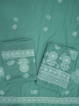 PARAMOUNT CHIKAN - Hand Embroidered Georgette Teal Chikankari Dress Material (Set of 3)