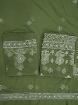 PARAMOUNT CHIKAN - Hand Embroidered Georgette Green Chikankari Dress Material (Set of 3)
