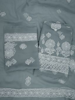 PARAMOUNT CHIKAN - Hand Embroidered Georgette Grey Chikankari Dress Material (Set of 3)