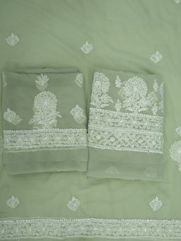 PARAMOUNT CHIKAN - Embroidered Georgette Olive Green Chikankari Dress Material (Set of 3)