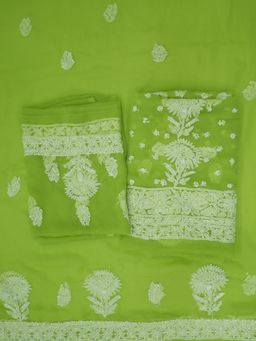PARAMOUNT CHIKAN - Hand Embroidered Georgette Green Chikankari Dress Material (Set of 3)