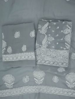 PARAMOUNT CHIKAN - Hand Embroidered Georgette Grey Chikankari Dress Material (Set of 3)