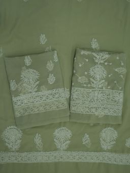 PARAMOUNT CHIKAN - Hand Embroidered Georgette Olive-Green Chikankari Dress Material (Set of 3)