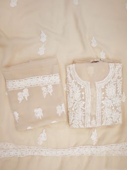 PARAMOUNT CHIKAN - Hand Embroidered Georgette Beige Chikankari Dress Material (Set of 3)