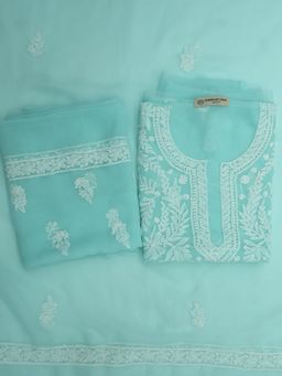 PARAMOUNT CHIKAN - Hand Embroidered Georgette Sea Green Chikankari Dress Material (Set of 3)