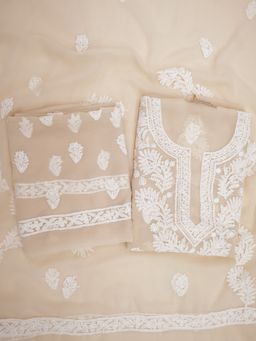 PARAMOUNT CHIKAN - Hand Embroidered Georgette Beige Chikankari Dress Material (Set of 3)