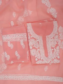 PARAMOUNT CHIKAN - Hand Embroidered Georgette Coral Chikankari Dress Material (Set of 3)