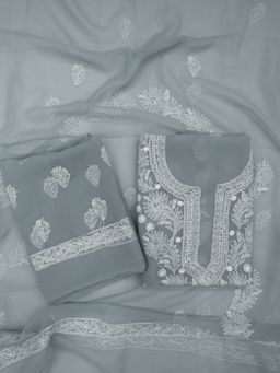 PARAMOUNT CHIKAN - Hand Embroidered Georgette Grey Chikankari Dress Material (Set of 3)