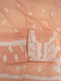 PARAMOUNT CHIKAN - Hand Embroidered Georgette Peach Chikankari Dress Material (Set of 3)