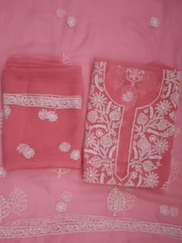 PARAMOUNT CHIKAN - Hand Embroidered Georgette Hot Pink Chikankari Dress Material (Set of 3)