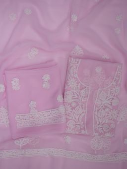 PARAMOUNT CHIKAN - Hand Embroidered Georgette Pink Chikankari Dress Material (Set of 3)