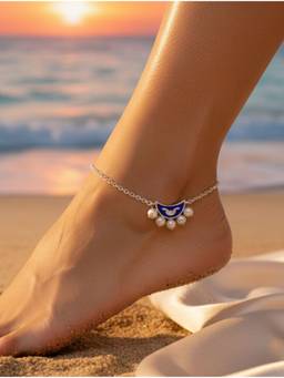 Kicky and Perky - 925 Sterling Silver Rhodium-Plated Blue Enamel Pearl Charm Anklet (Adjustable)