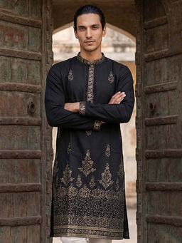 ETHNIC BAY - Men Black Silk Blend Embroidered Straight Kurta
