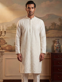 ETHNIC BAY - Men Off White Silk Blend Embroidered Straight Kurta