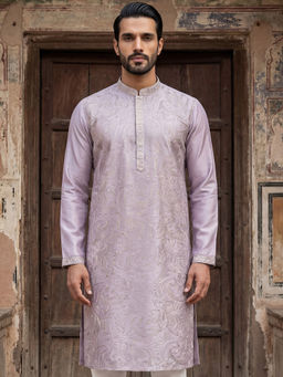 ETHNIC BAY - Men Lavender Silk Blend Embroidered Straight Kurta