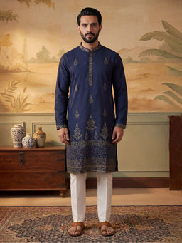ETHNIC BAY - Men Navy Blue Silk Blend Embroidered Straight Kurta