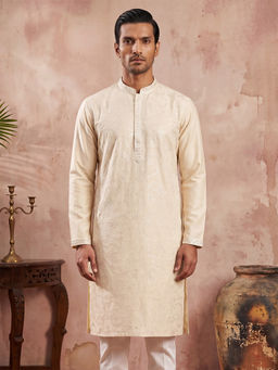 ETHNIC BAY - Men Off White Silk Blend Embroidered Straight Kurta