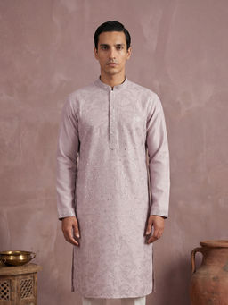 ETHNIC BAY - Men Lavender Silk Blend Embroidered Straight Kurta