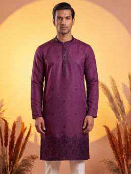 ETHNIC BAY - Men Purple Silk Blend Embroidered Straight Kurta