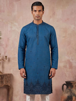 ETHNIC BAY - Men Blue Silk Blend Embroidered Straight Kurta
