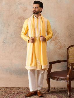 ETHNIC BAY - Men Yellow Silk Blend Embroidered Floral Straight Kurta with Dupatta