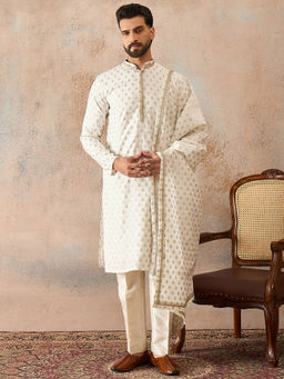 ETHNIC BAY - Men White Jacquard Woven Design Floral Straight Kurta with Dupatta