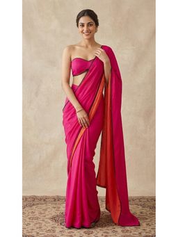 HANDME - Ready To Wear Hot Pink Chroma Scalloped Lace Detail Saree with Unstitched Blouse