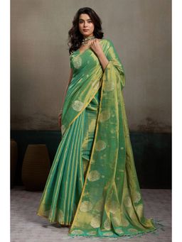 Mysilklove - Women Green Tissue Woven Saree with Unstitched Blouse