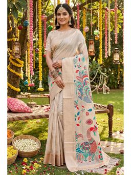 Mysilklove - Women Off White Cotton Linen Woven Saree with Unstitched Blouse