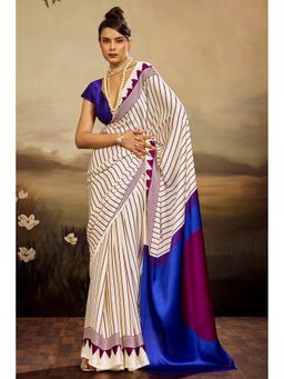 Mysilklove - Women White Satin Stripes Saree with Unstitched Blouse