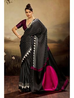 Mysilklove - Women Black Satin Stripes Saree with Unstitched Blouse