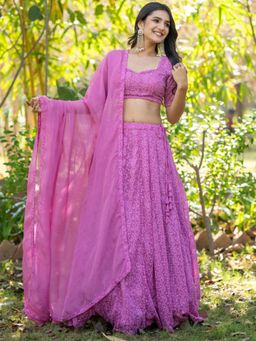 HOUSE OF JAMOTI - Women Pink Chikankari Embroidered Lehenga with Blouse and Dupatta