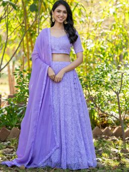 HOUSE OF JAMOTI - Women Lavender Chikankari Embroidered Lehenga with Blouse and Dupatta