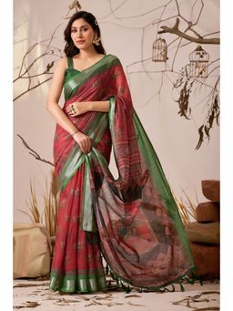 AMRUTKALA SAREES - Women Red Linen Animal Print Saree with Unstitched Blouse