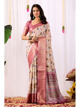 AMRUTKALA SAREES - Women Beige Silk Floral Saree with Unstitched Blouse