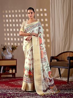 AMRUTKALA SAREES - Women Beige Silk Abstract Saree with Unstitched Blouse