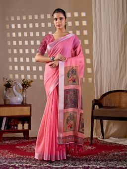 AMRUTKALA SAREES - Women Pink Linen Animal Print Saree with Unstitched Blouse