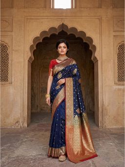 AMRUTKALA SAREES - Navy Blue Designer Banarasi Silk Kanjivaram Woven Saree with Unstitched Blouse