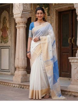 AMRUTKALA SAREES - White-Blue Designer Cotton Silk Kanjivaram Woven Saree with Unstitched Blouse