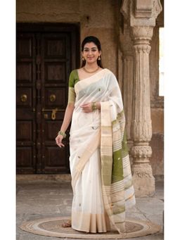 AMRUTKALA SAREES - White-Green Designer Cotton Silk Kanjivaram Woven Saree with Unstitched Blouse