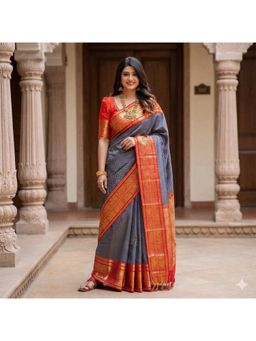 AMRUTKALA SAREES - Blue Designer Banarasi Silk Kanjivaram Woven Saree with Unstitched Blouse