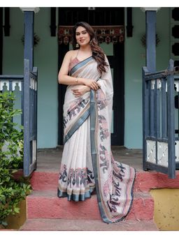 KVS FAB - Women Off White Linen Blend Animal Print Saree with Unstitched Blouse
