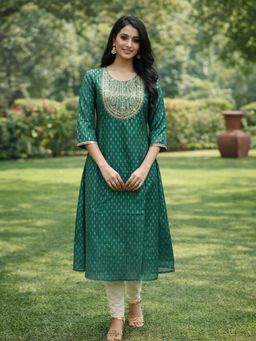 Rangita - Women Green Chanderi Embroidered Anarkali Calf Length Kurta